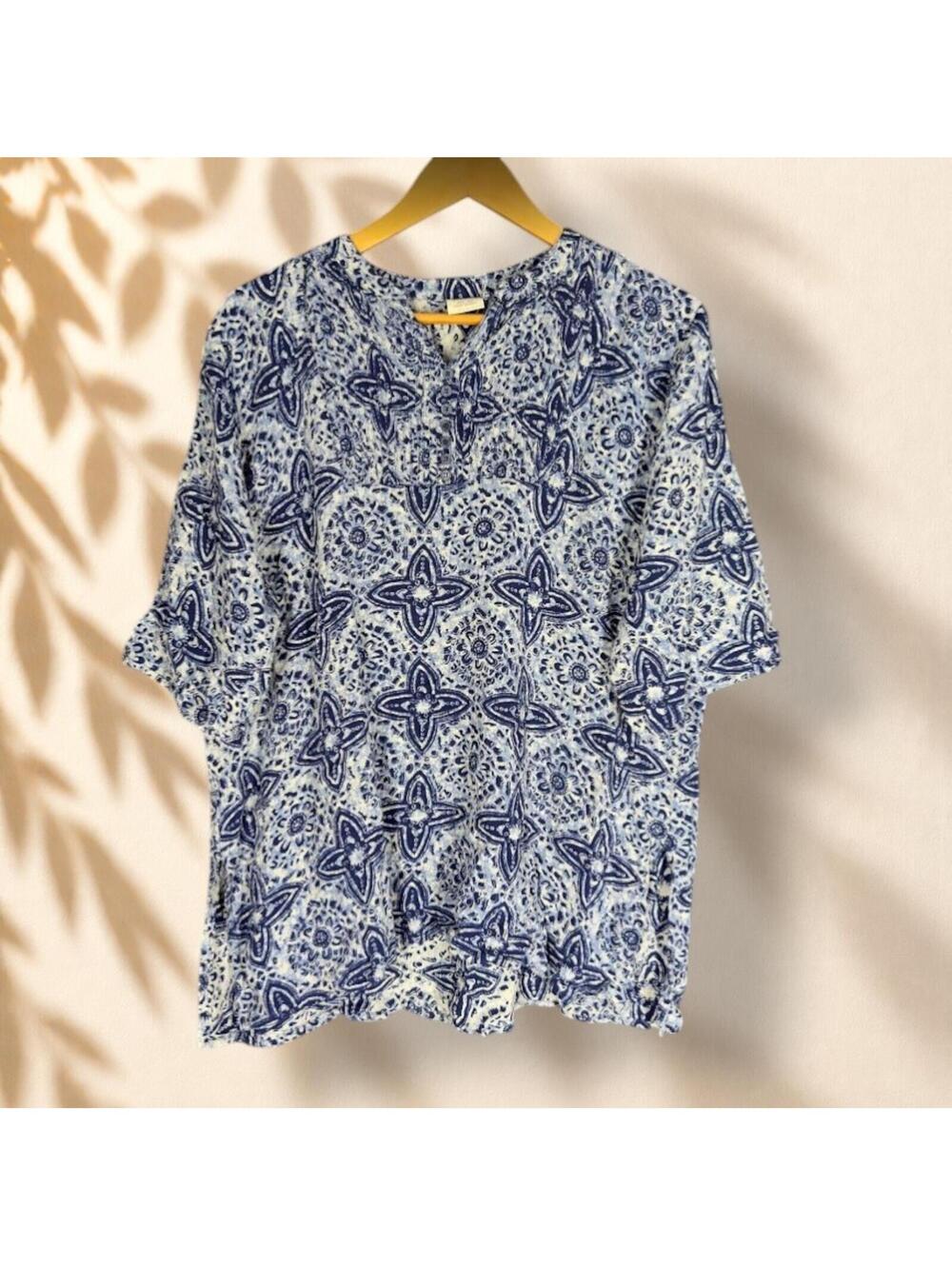 Nav Jeewan Blouse Women 3XL Plus Blue Geometric V-Neck Short Sleeve Casual